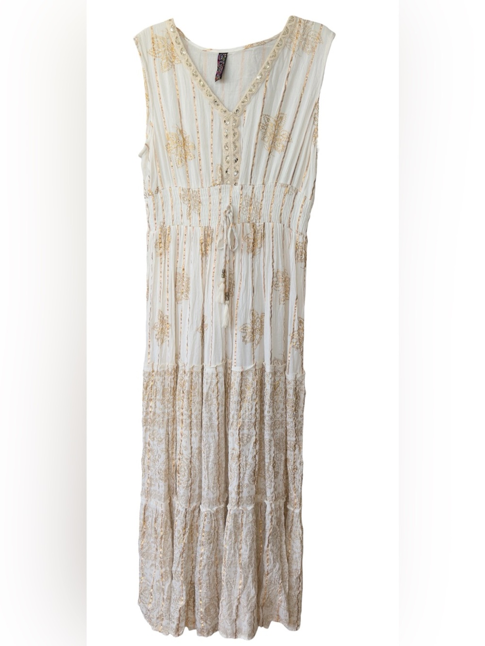 Anthropology Me 2 Magic Ivory and Gold Bohemian Tiered Maxi Dress Size XL
